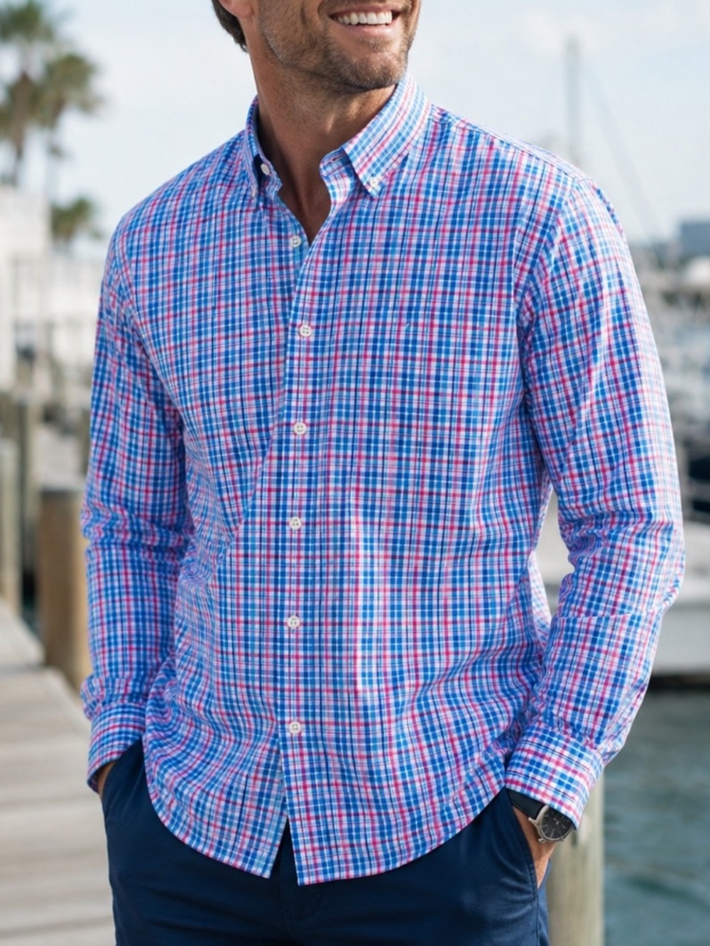 IZOD Blue Plaid Button Down Shirt Mens L Golf Red White Blue Coastal Prep